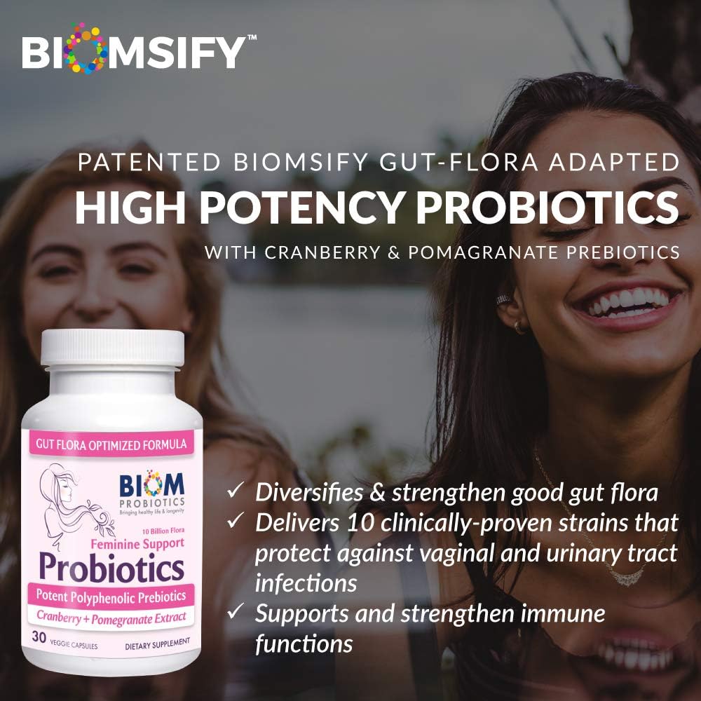 Biom Probiotics Complete Feminine Balance Daily Women's Probiotics with Prebiotics, Organic Cranberry & Pomegranate - 30 Servings