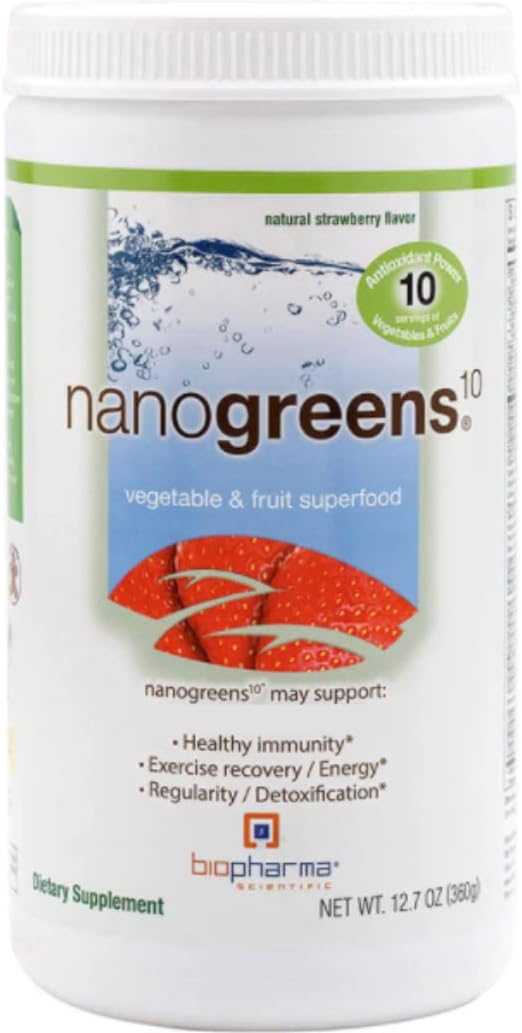 Biopharma Scientific NanoGreens Superfood Powder with Spirulina, Chlorella, Kale, Spinach - Digestive Health & Immunity Support, Plant-Based, Strawberry Flavor - 30 Servings