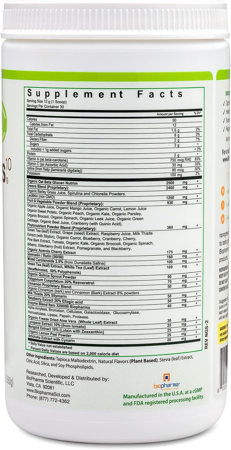 Biopharma Scientific NanoGreens Superfood Powder with Spirulina, Chlorella, Kale, Spinach - Digestive Health & Immunity Support, Plant-Based, Strawberry Flavor - 30 Servings