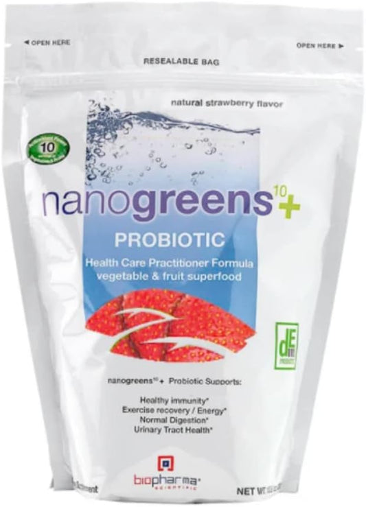 Biopharma Scientific Nanogreens+Probiotic: Strawberry Greens Superfood Powder with Probiotics, 30 Servings