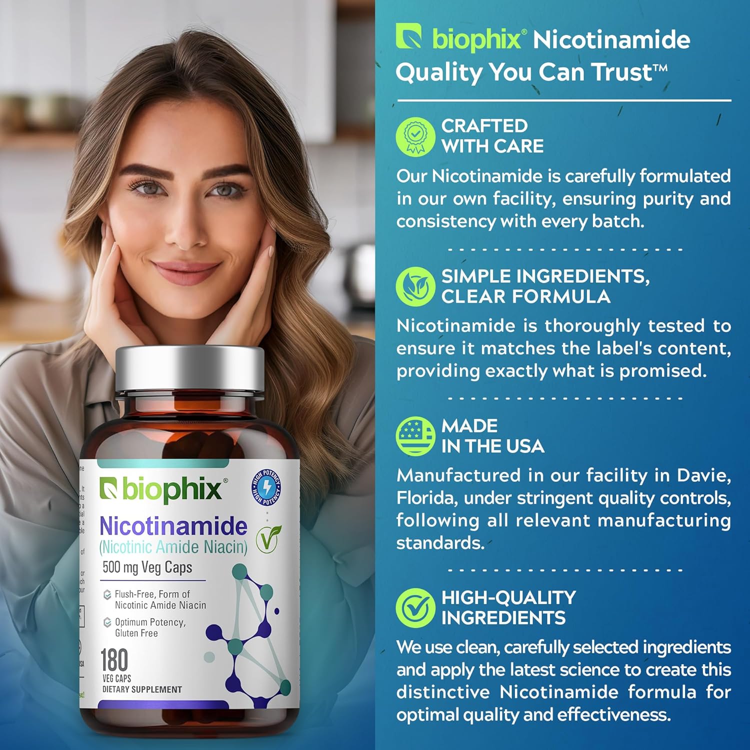 Biophix B-3 Nicotinamide 500mg 180 Vcaps + Free Vitamin D-3 5000 IU 30 Softgels - Natural Flush-Free Niacin Formula for Skin Cell Health