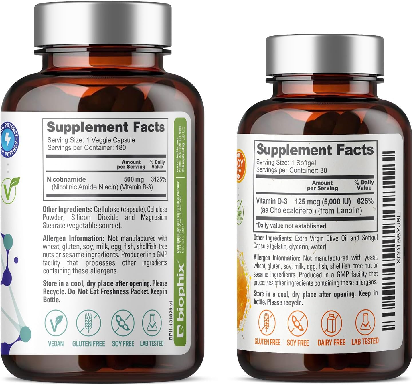 Biophix B-3 Nicotinamide 500mg 180 Vcaps + Free Vitamin D-3 5000 IU 30 Softgels - Natural Flush-Free Niacin Formula for Skin Cell Health