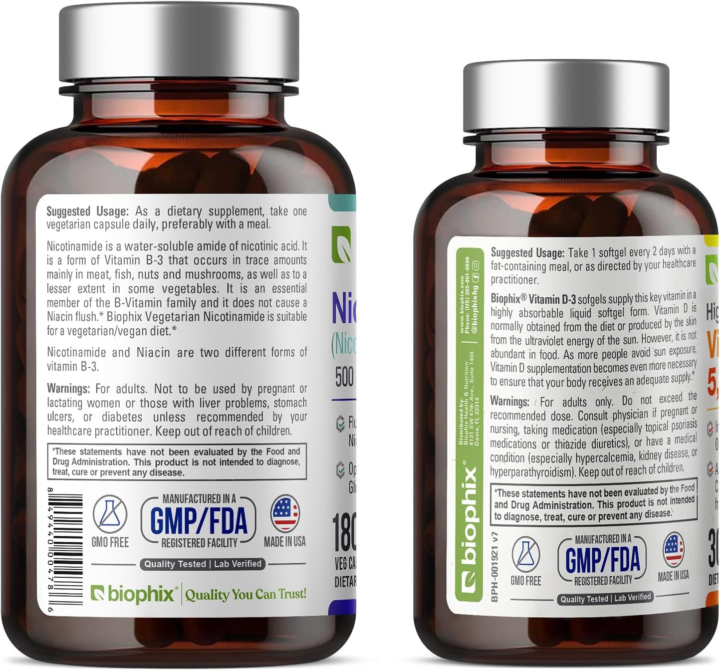 Biophix B-3 Nicotinamide 500mg 180 Vcaps + Free Vitamin D-3 5000 IU 30 Softgels - Natural Flush-Free Niacin Formula for Skin Cell Health