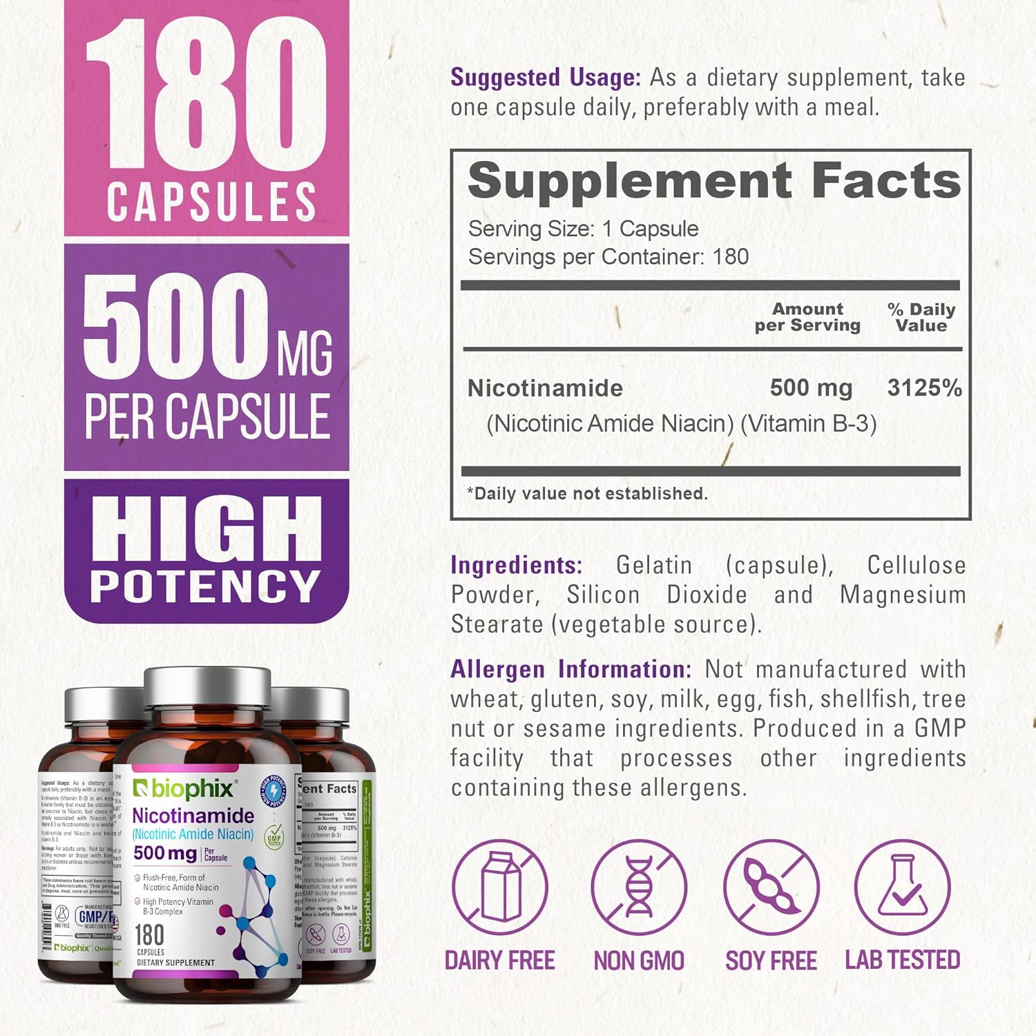 biophix B-3 Nicotinamide 500mg 2 Pack - Natural Flush-Free Niacin Vitamin for Skin Cell Health - 360 Capsules