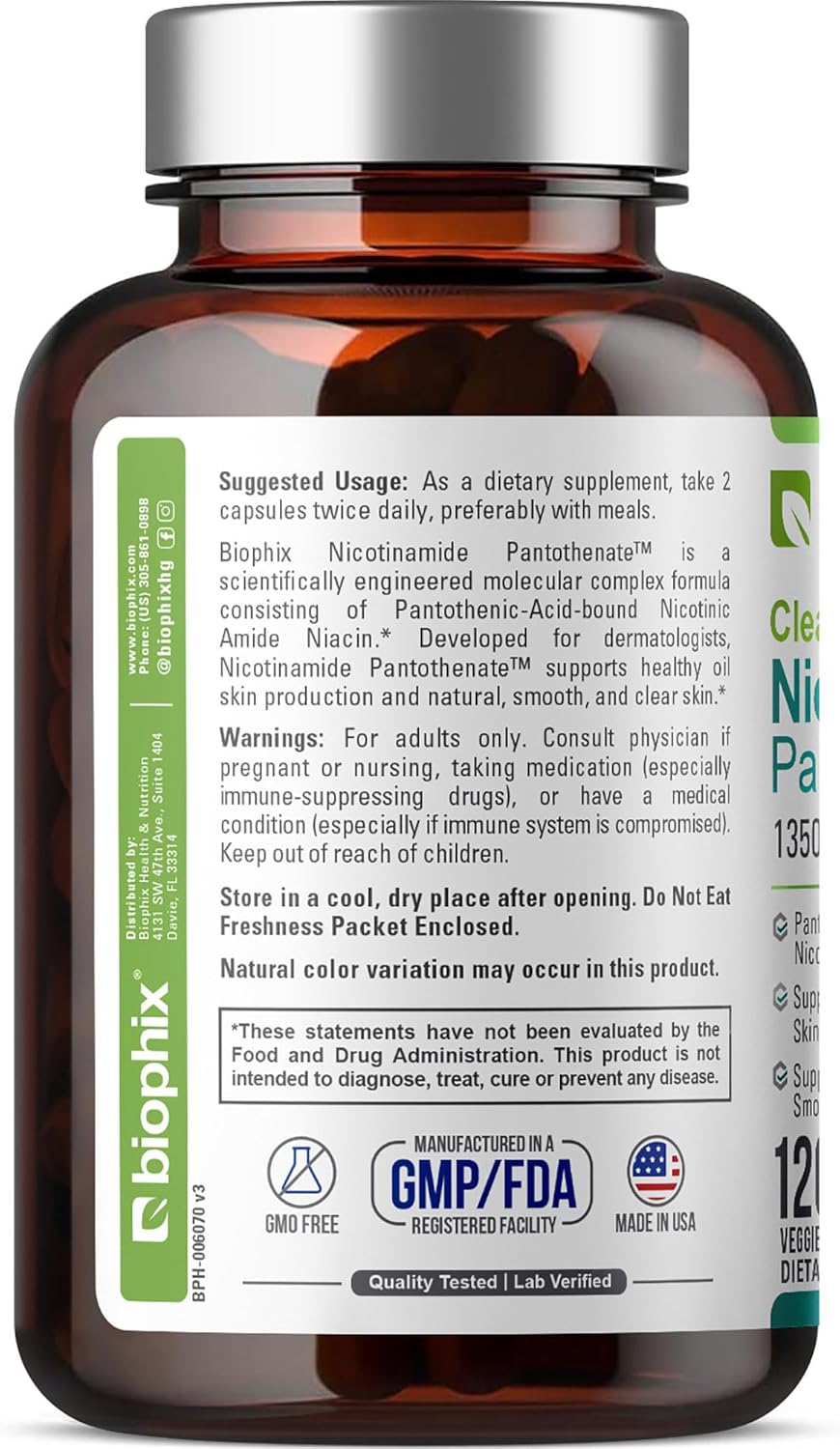 Biophix Clear Skin Series B-3 Nicotinamide Pantothenate 1350mg Vcaps - Supports Skin Cell Health with B5 Pantothenic Acid - Niacinamide Niacin