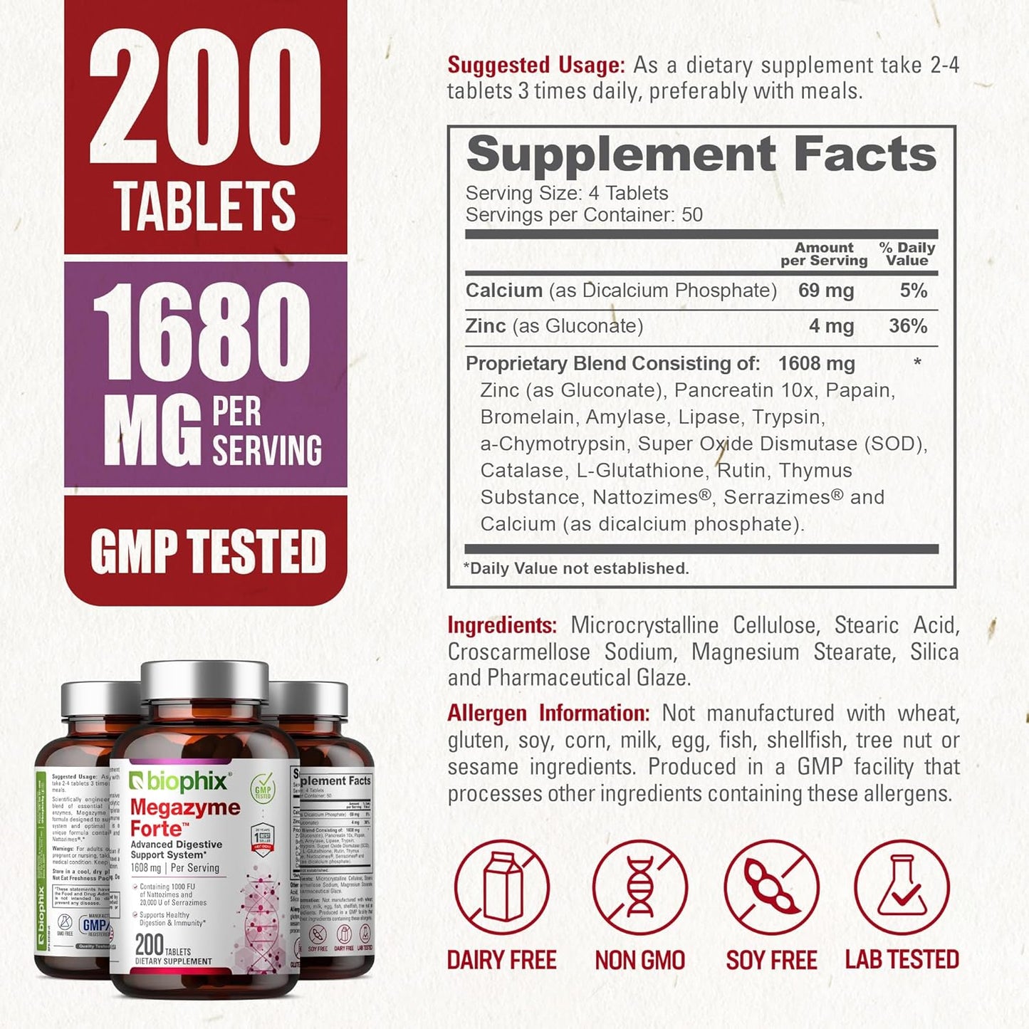 biophix Megazyme Forte 200 Tablets - Plant-Based Enzymes for Digestive and Immune Support