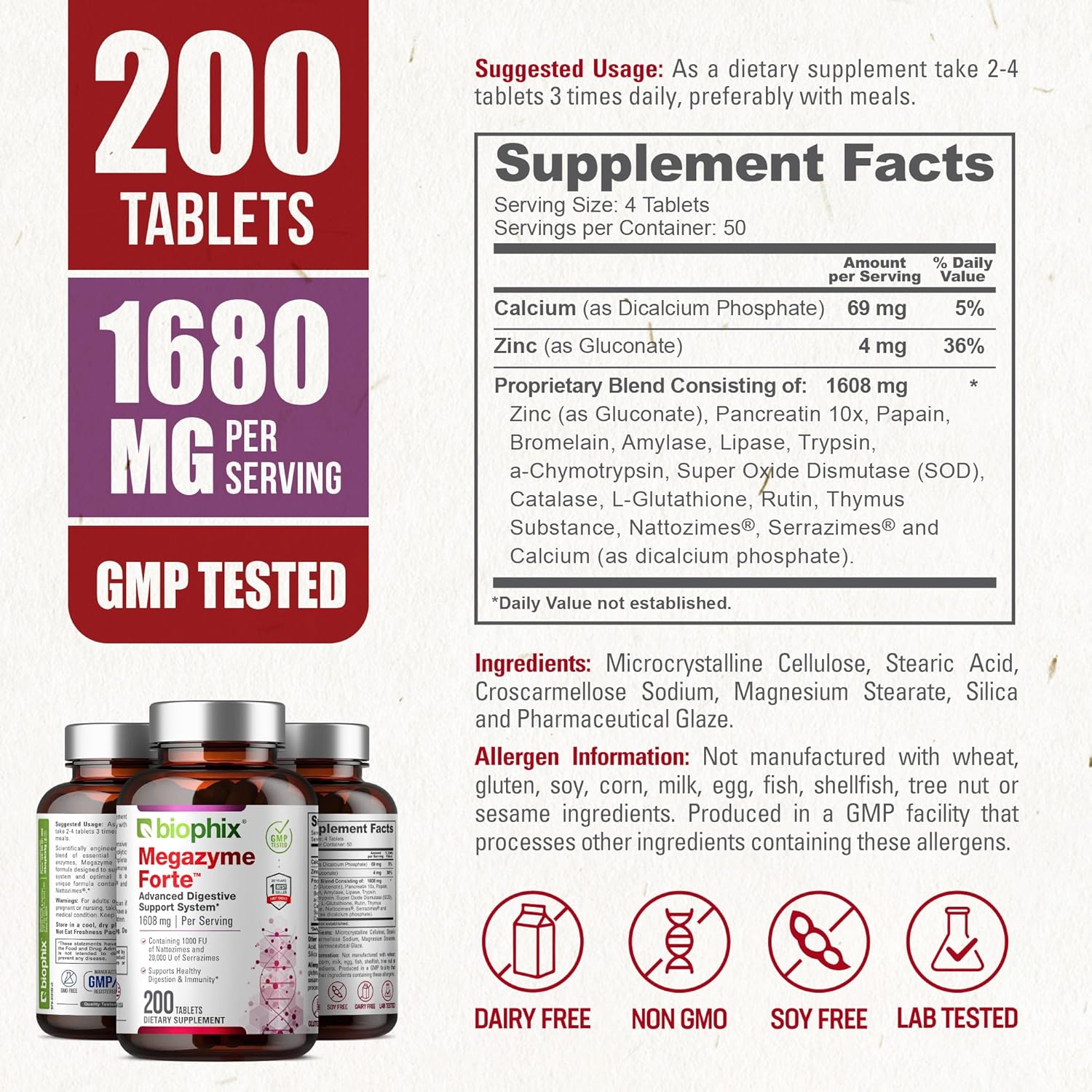 biophix Megazyme Forte 200 Tablets - Plant-Based Enzymes for Digestive and Immune Support