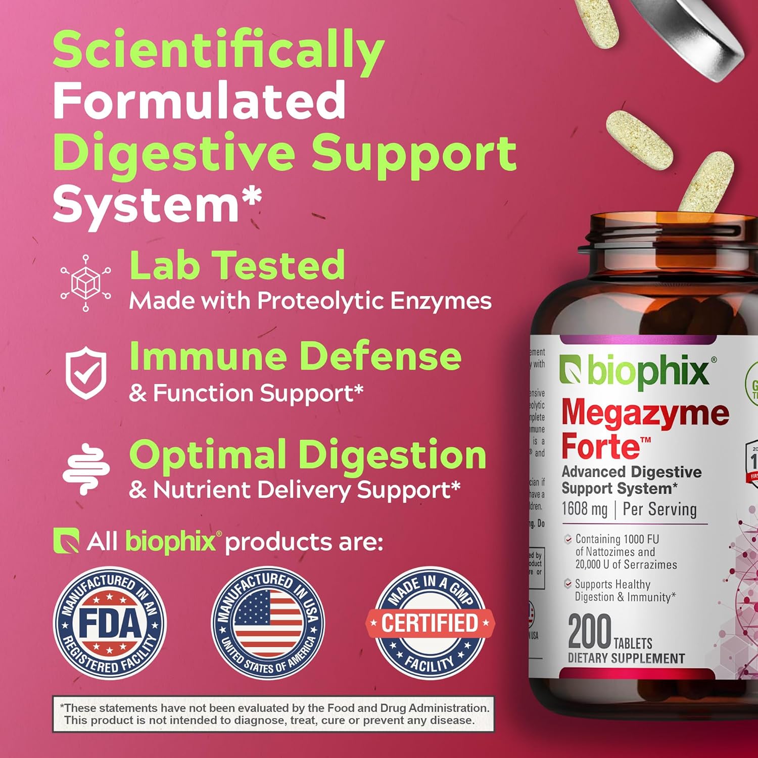 biophix Megazyme Forte 200 Tablets - Plant-Based Enzymes for Digestive and Immune Support