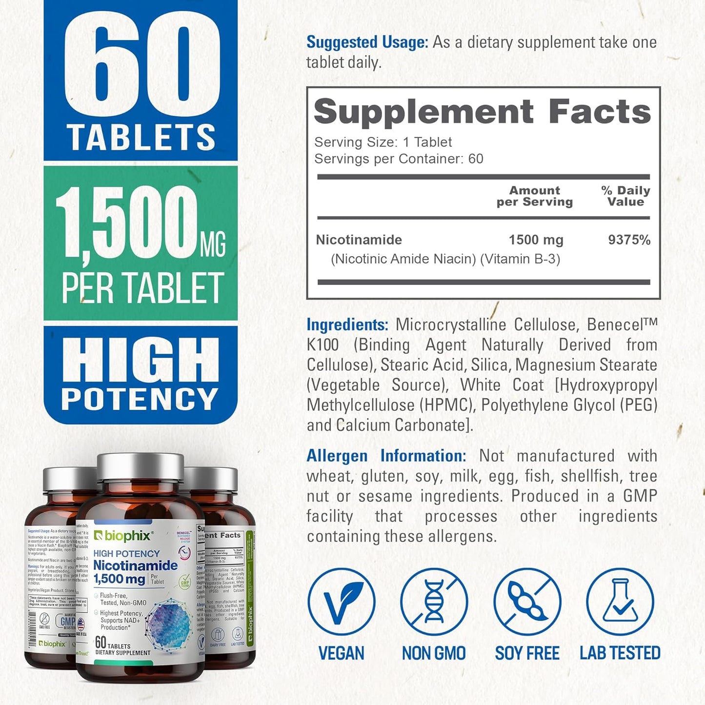 biophix Nicotinamide 1500 mg Tablets - Maximum Strength Niacin Formula for Skin Cell Health