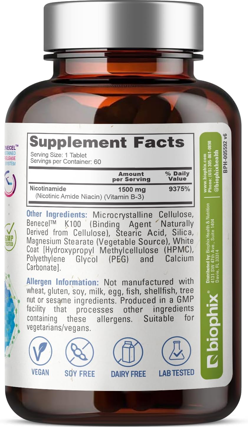 biophix Nicotinamide 1500 mg Tablets - Maximum Strength Niacin Formula for Skin Cell Health