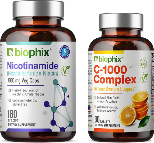 Biophix Nicotinamide 500mg Vcaps with Free Vitamin C-1000 Tablets - Skin Cell Health Support Formula