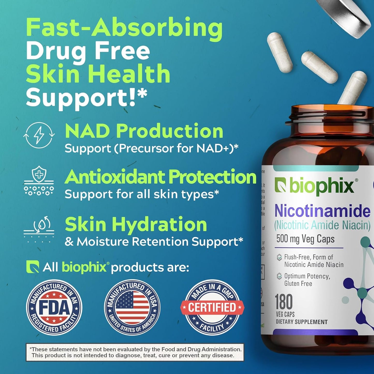 Biophix Nicotinamide 500mg Vcaps with Free Vitamin C-1000 Tablets - Skin Cell Health Support Formula