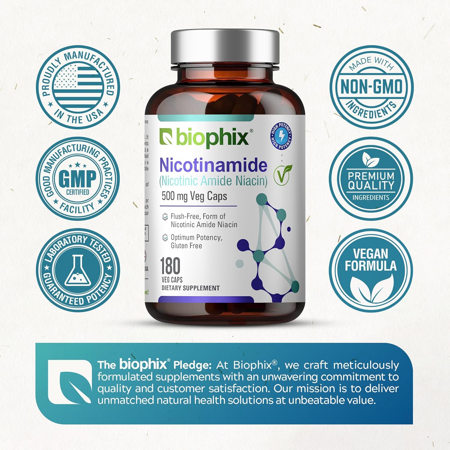 Biophix Nicotinamide 500mg Vcaps with Free Vitamin C-1000 Tablets - Skin Cell Health Support Formula