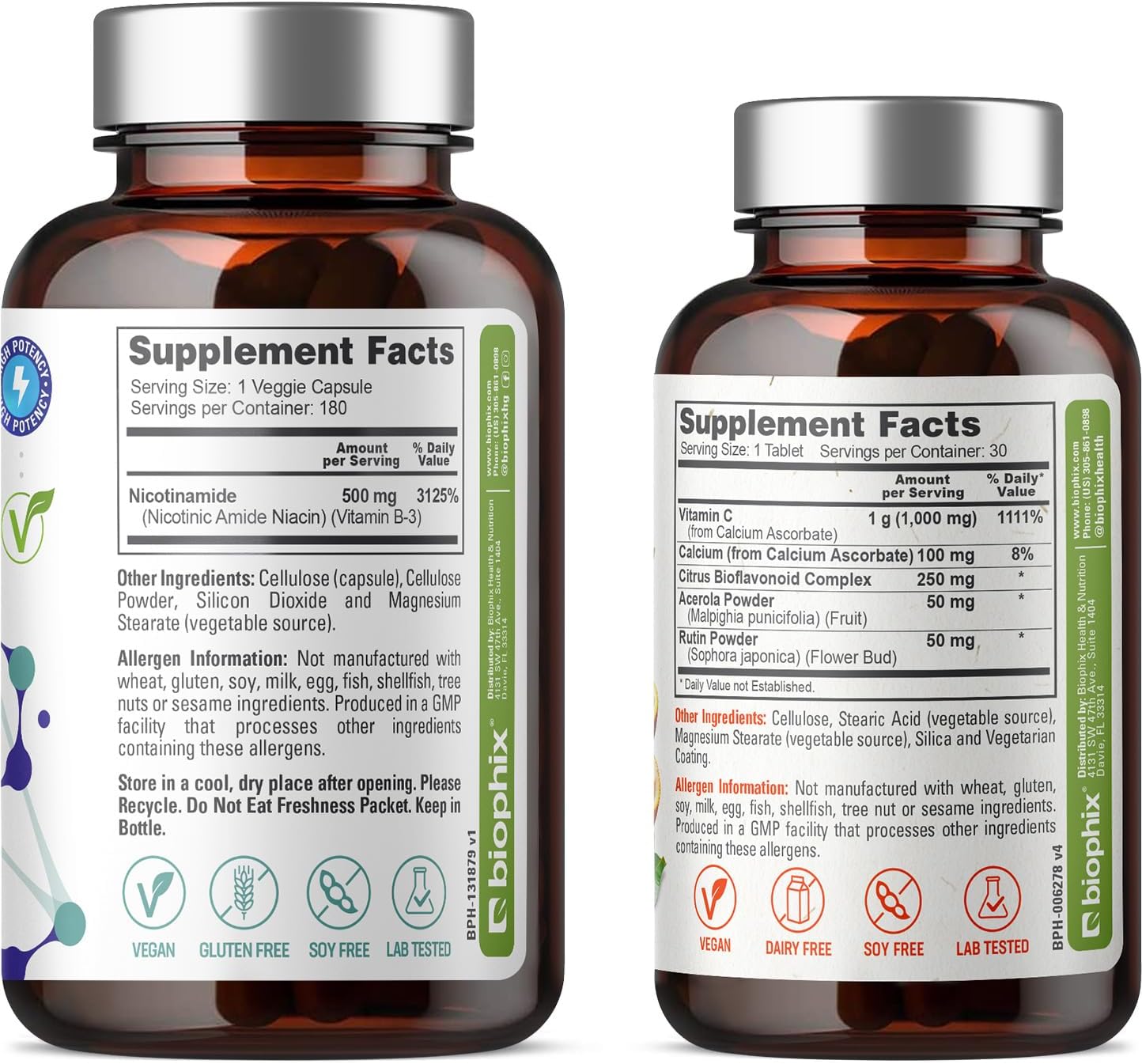 Biophix Nicotinamide 500mg Vcaps with Free Vitamin C-1000 Tablets - Skin Cell Health Support Formula