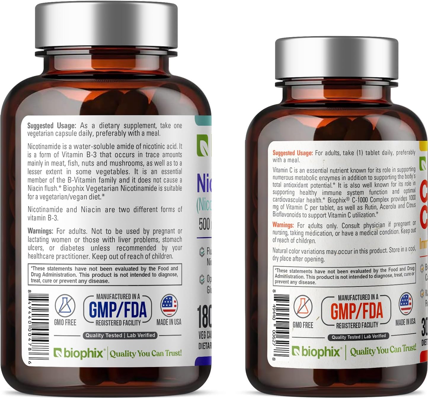Biophix Nicotinamide 500mg Vcaps with Free Vitamin C-1000 Tablets - Skin Cell Health Support Formula
