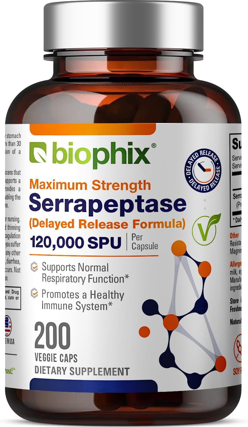 biophix Serrapeptase 120000 SPU Maximum Strength 200 Veggie Capsules - Delayed Release Enzyme Support Formula
