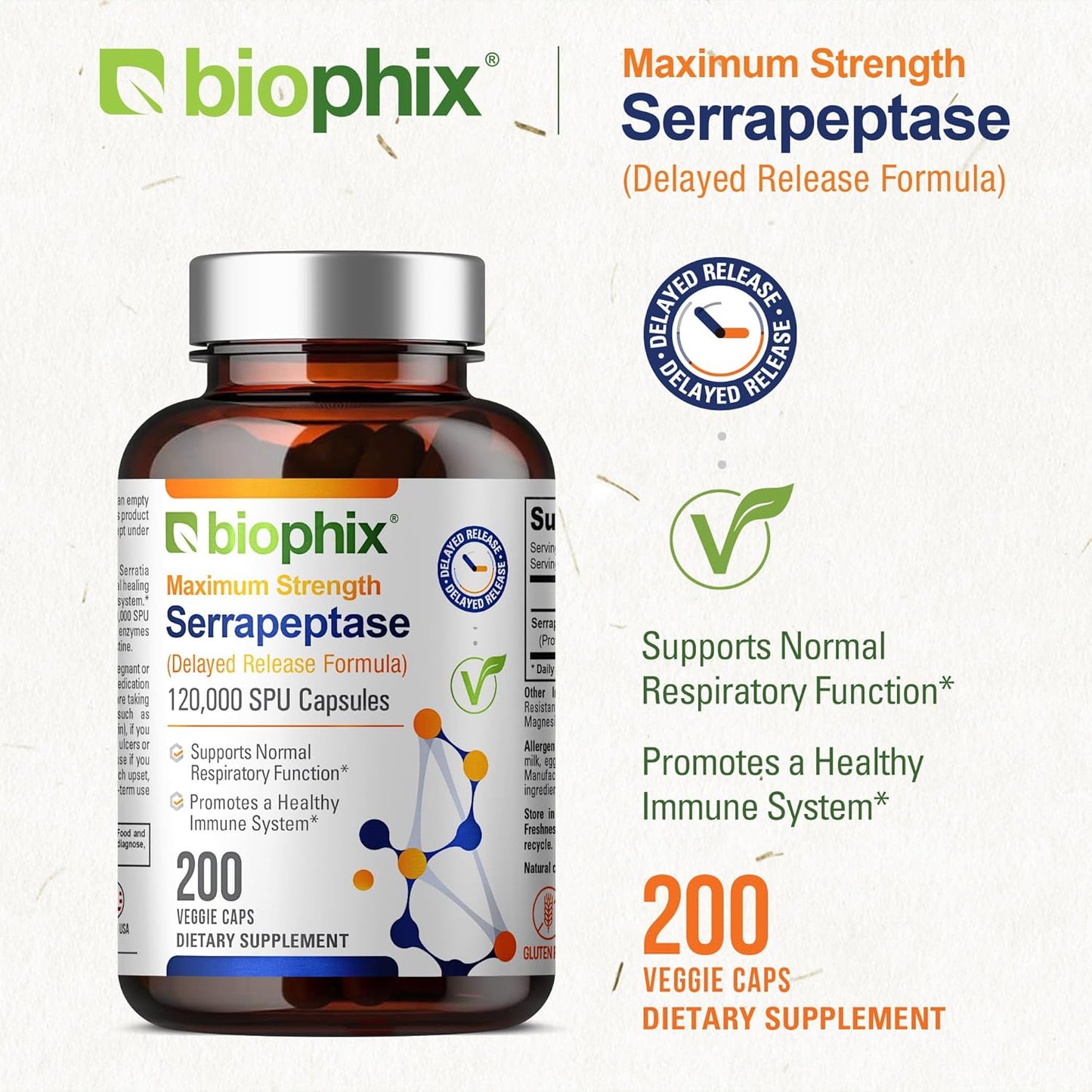 biophix Serrapeptase 120000 SPU Maximum Strength 200 Veggie Capsules - Delayed Release Enzyme Support Formula