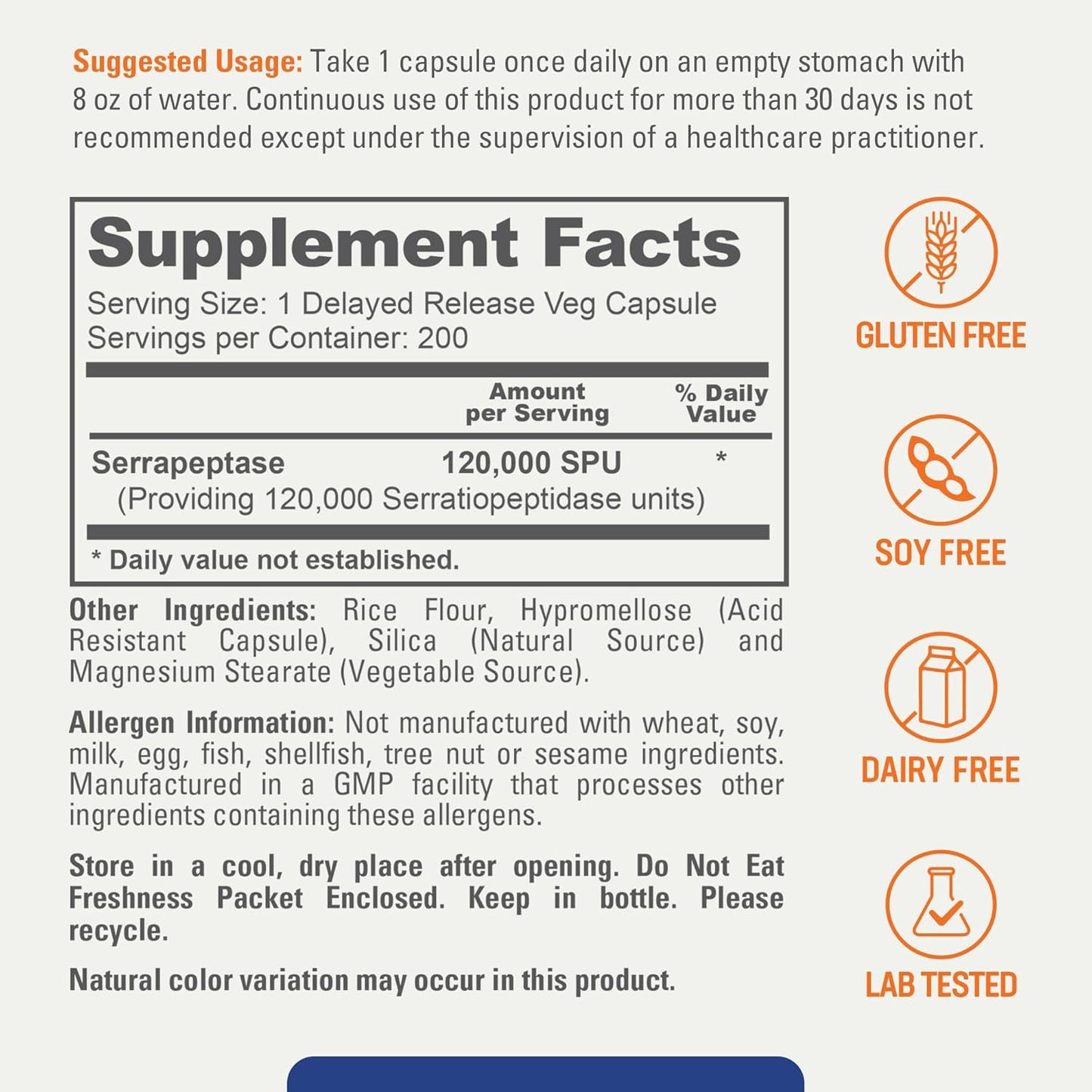 biophix Serrapeptase 120000 SPU Maximum Strength 200 Veggie Capsules - Delayed Release Enzyme Support Formula