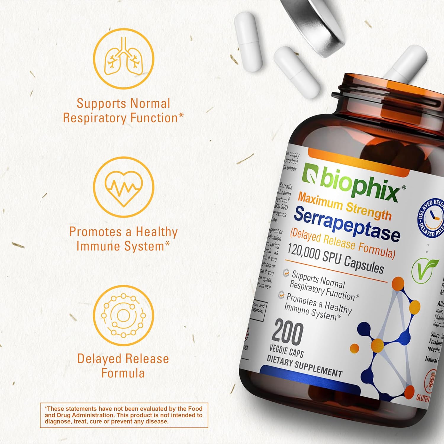 biophix Serrapeptase 120000 SPU Maximum Strength 200 Veggie Capsules - Delayed Release Enzyme Support Formula