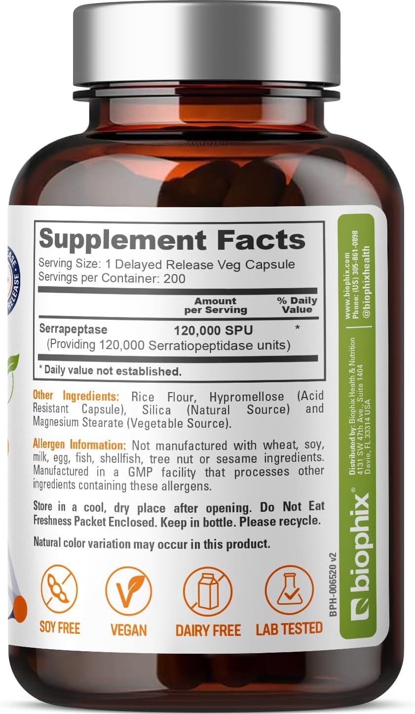 biophix Serrapeptase 120000 SPU Maximum Strength 200 Veggie Capsules - Delayed Release Enzyme Support Formula