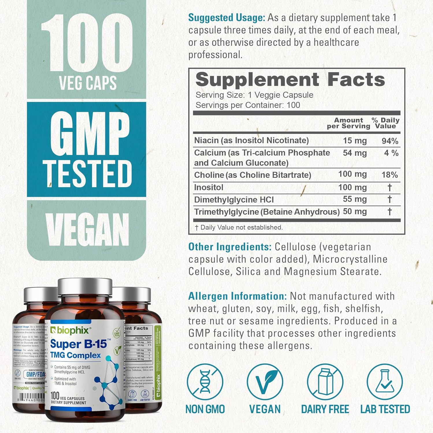 biophix Super B-15 Vcaps - Niacin Calcium Choline Inositol DMG TMG - Boosts Oxygen Energy for Health