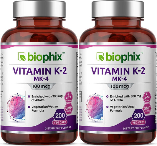 Biophix Vitamin K2 MK-4 100mcg 200 Capsules with Alfalfa - 2 Pack for Bone and Immune Health