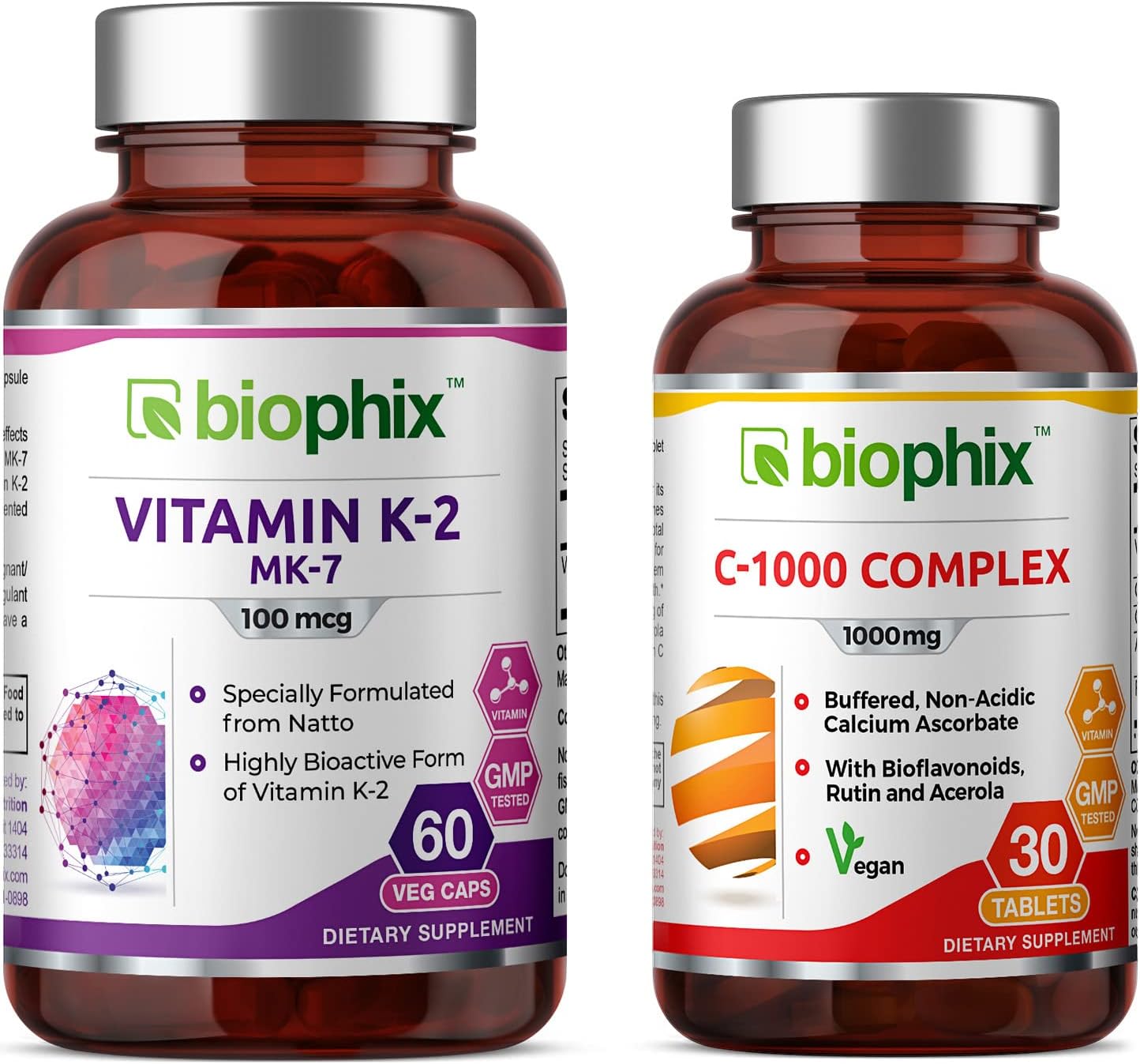 Biophix Vitamin K2 MK-7 100 mcg + Free Vitamin C-1000, 60 Tablets - Supports Bone Health & Immune System