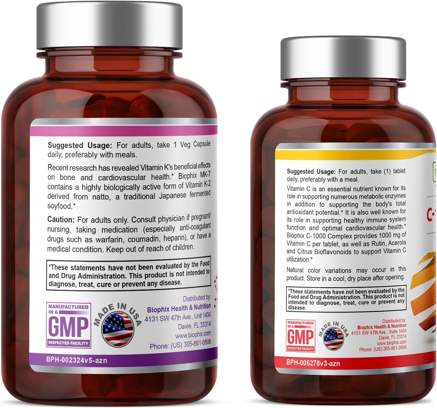 Biophix Vitamin K2 MK-7 100 mcg + Free Vitamin C-1000, 60 Tablets - Supports Bone Health & Immune System