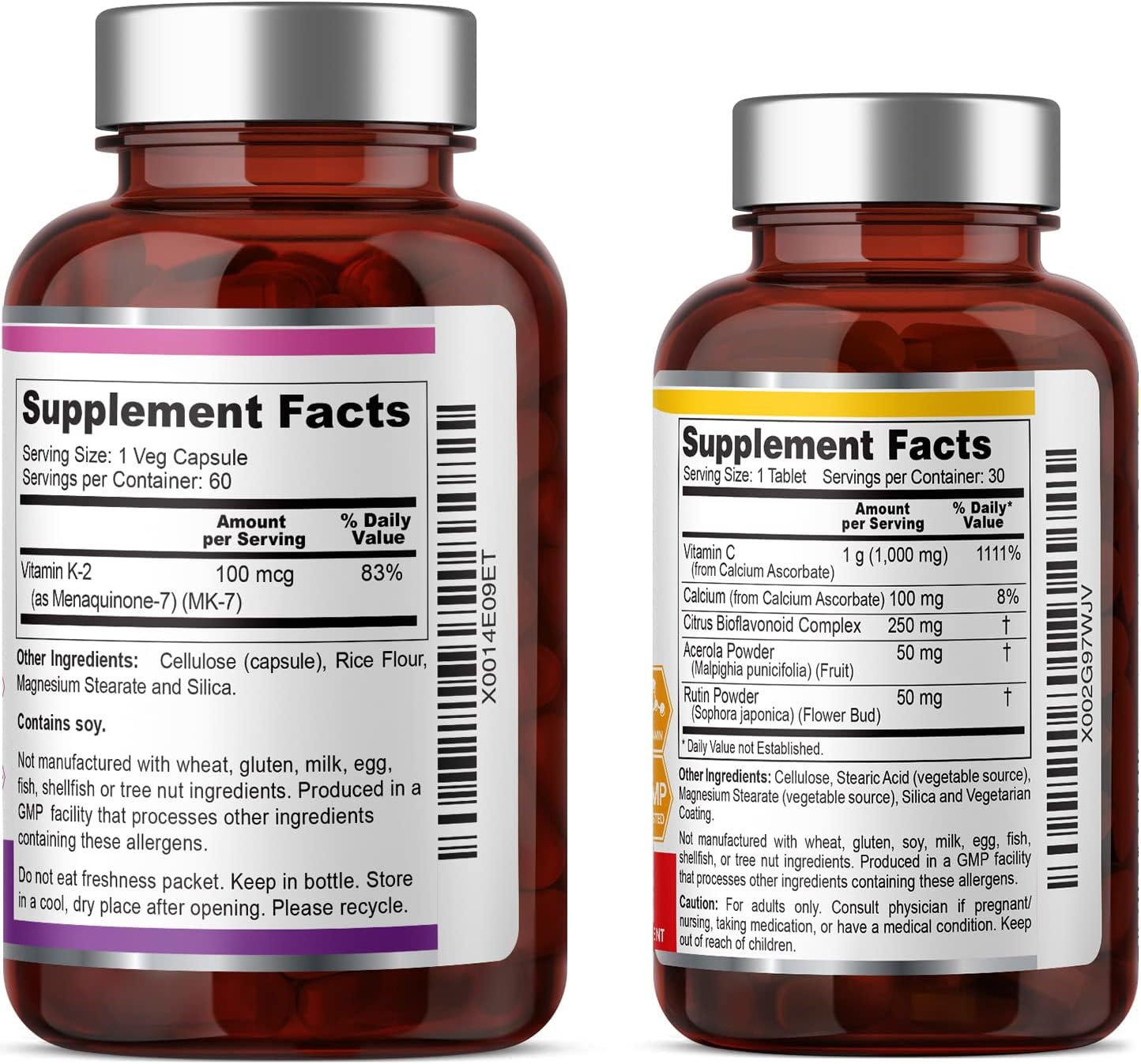 Biophix Vitamin K2 MK-7 100 mcg + Free Vitamin C-1000, 60 Tablets - Supports Bone Health & Immune System