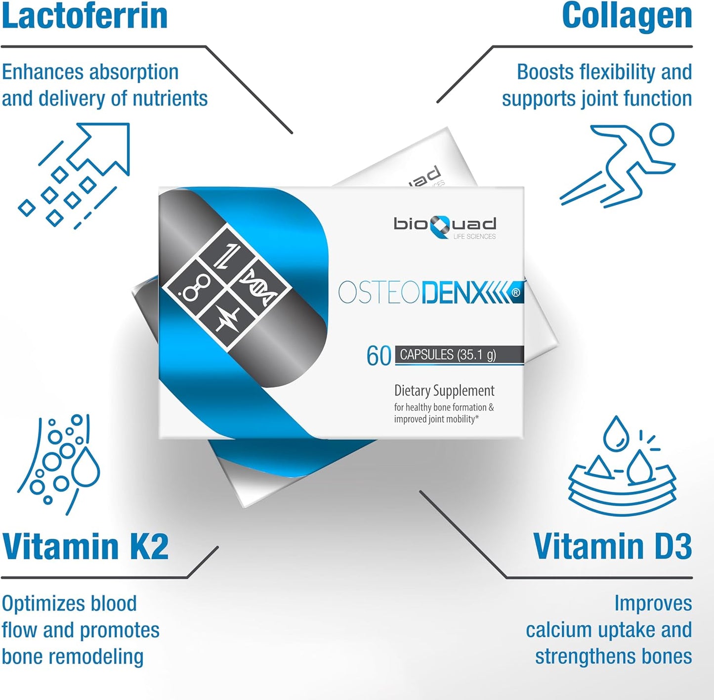 bioQuad OsteoDenx: Supports Healthy Bone Growth and Enhances Joint Flexibility - Lactose-Free, Gluten-Free, Non-GMO (60 Tablets)
