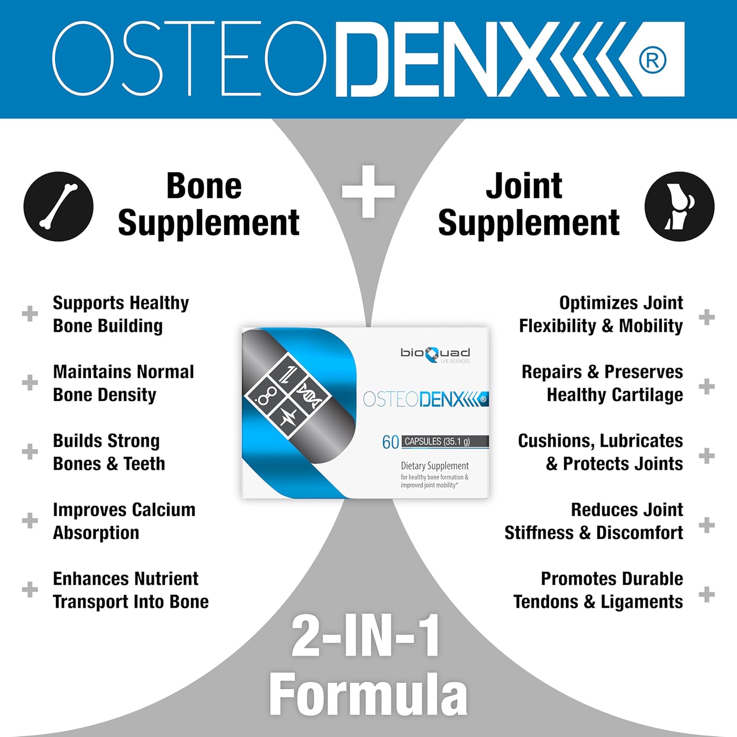 bioQuad OsteoDenx: Supports Healthy Bone Growth and Enhances Joint Flexibility - Lactose-Free, Gluten-Free, Non-GMO (60 Tablets)