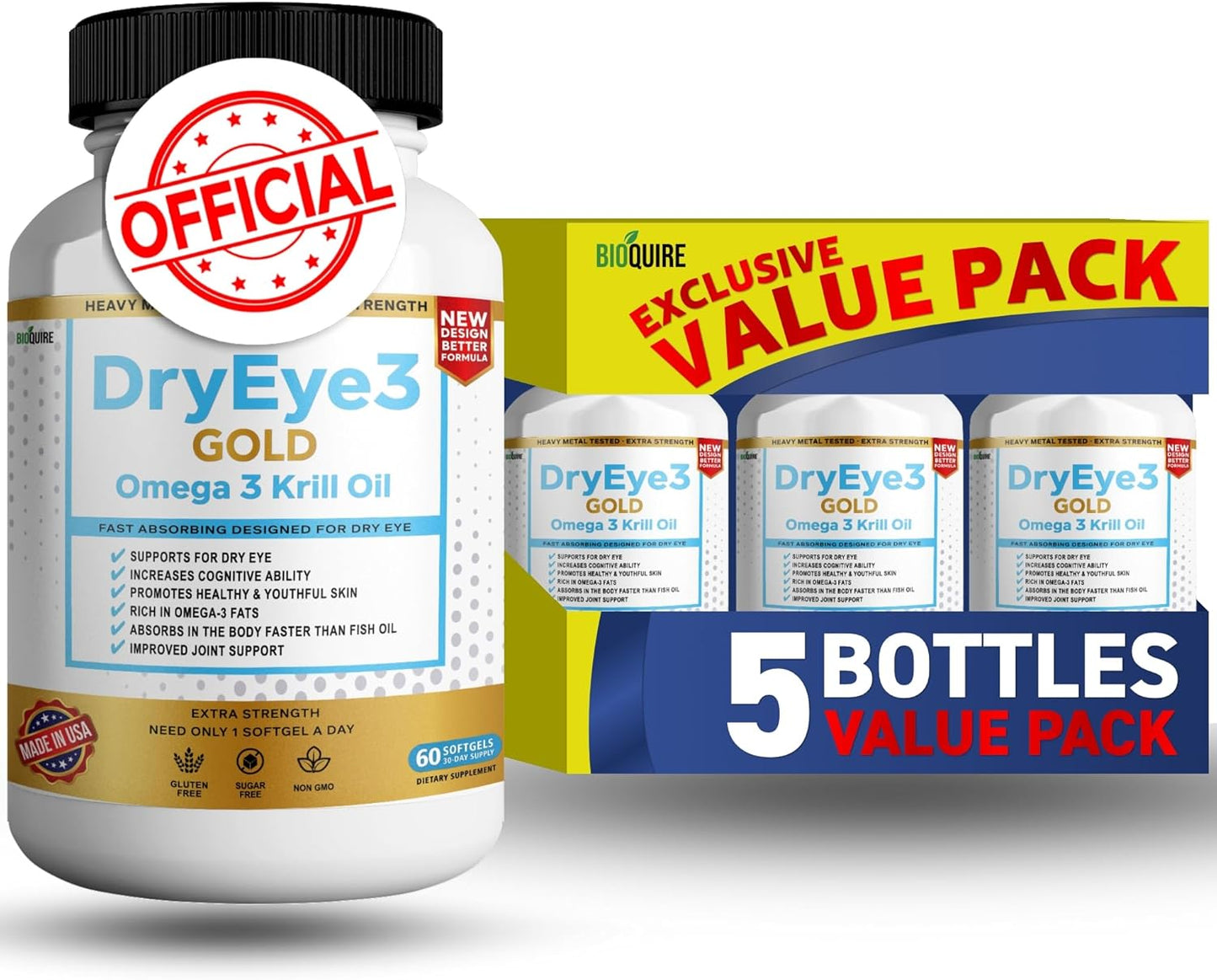 BIOQUIRE Dry Eye Support Supplement with Omega 3 Krill Oil - 60 Softgels, Extra Strength Formula, Non-GMO, Gluten-Free, Sugar-Free