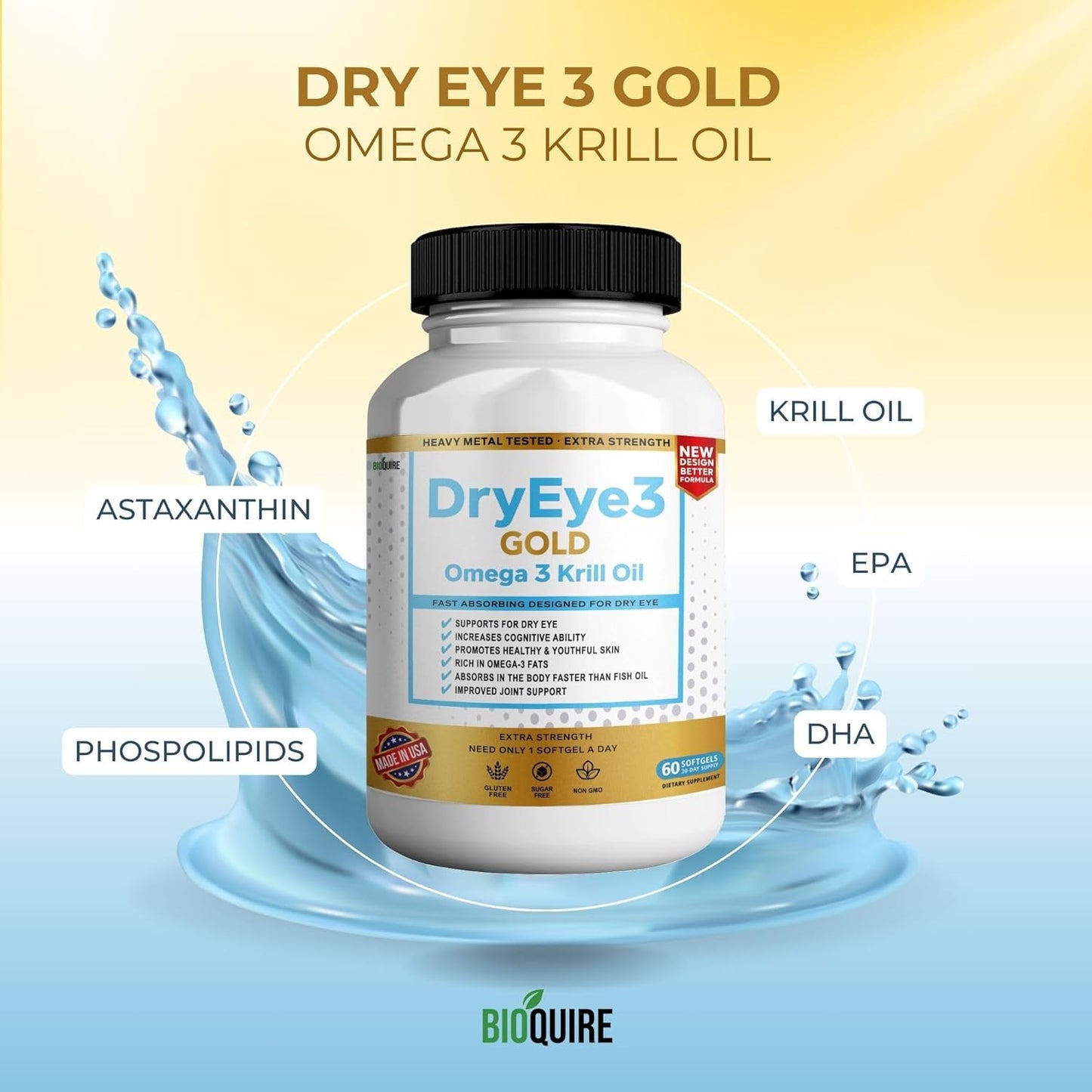 BIOQUIRE Dry Eye Support Supplement with Omega 3 Krill Oil - 60 Softgels, Extra Strength Formula, Non-GMO, Gluten-Free, Sugar-Free