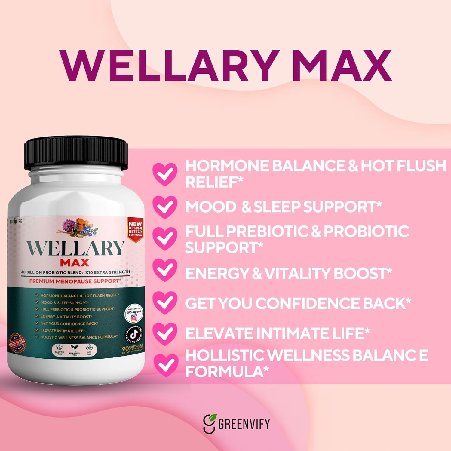 BIOQUIRE Wellary Max Menopause Support Supplement - 90 Capsules with 40 Billion CFU Probiotic Blend