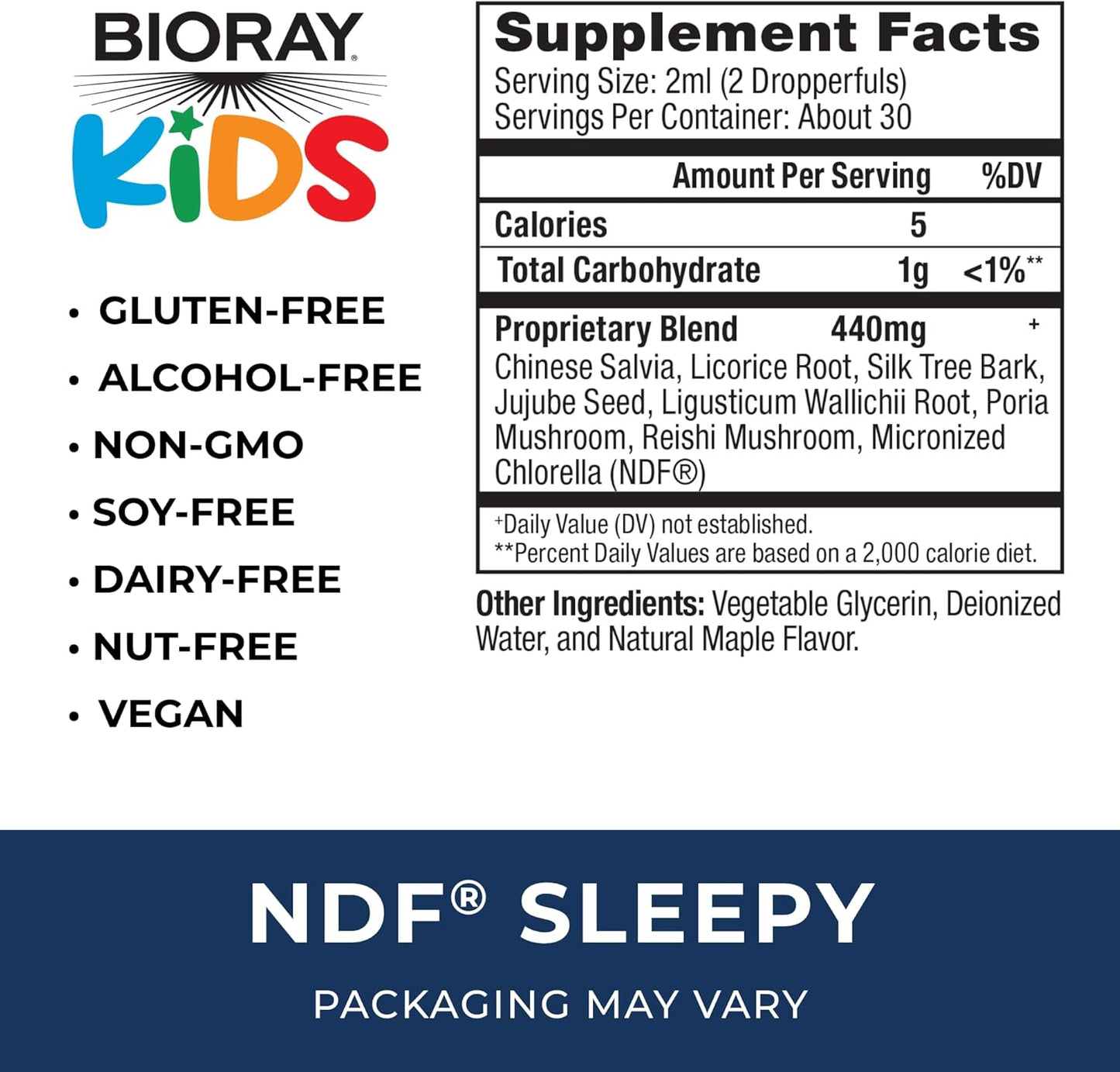 BIORAY Kids NDF Maple 2 fl oz Nighttime Support Non-GMO Vegan Gluten Free Kids Detox 1-2 Month Supply