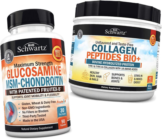BioSchwartz Collagen Peptides Powder for Healthy Bone & Joint Support - Glucosamine, Chondroitin, MSM - Promotes Flexibility & Supports Cartilage