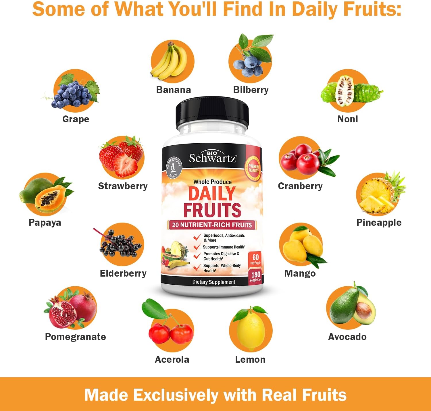 BioSchwartz Daily Fruits and Veggies Supplement + Vitamin B Complex & C (4 Month Supply) for Men and Women