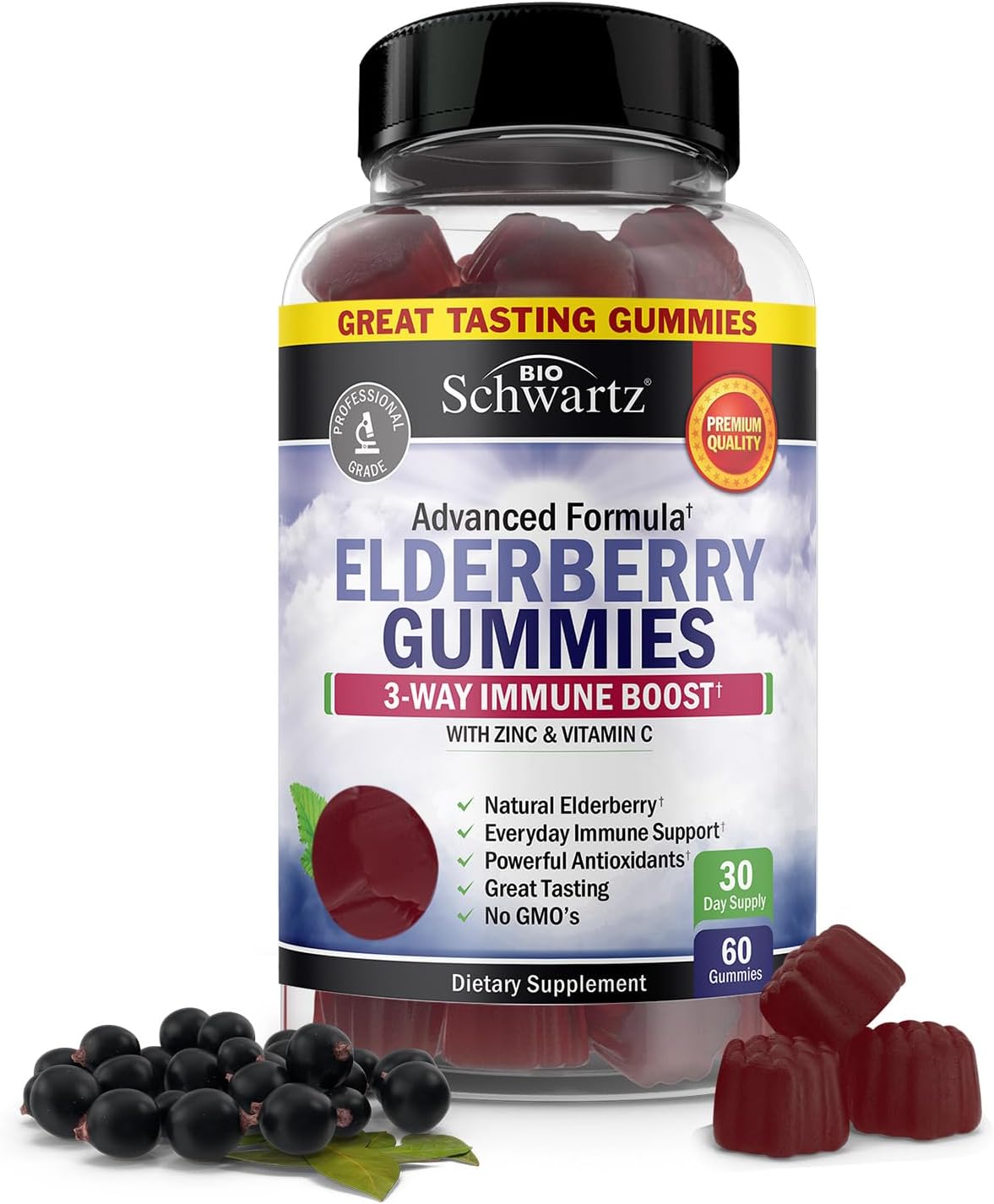 BioSchwartz Elderberry Gummies with Zinc, Vitamin C, and D3 - Immune Support Bundle (1 Mo + 1 Yr Supply)