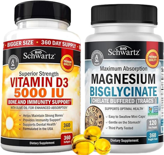 BioSchwartz High Strength Vitamin D3 5000 IU 125 mcg with High Absorption Magnesium Bisglycinate Capsules - Bundle Pack for Long-Term Support