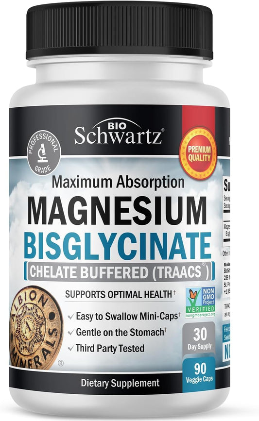 BioSchwartz Magnesium Bisglycinate Chelate Capsules - Maximum Absorption & Bioavailability, Non-Laxative, Healthy Energy Support - Non-GMO - 90 ct