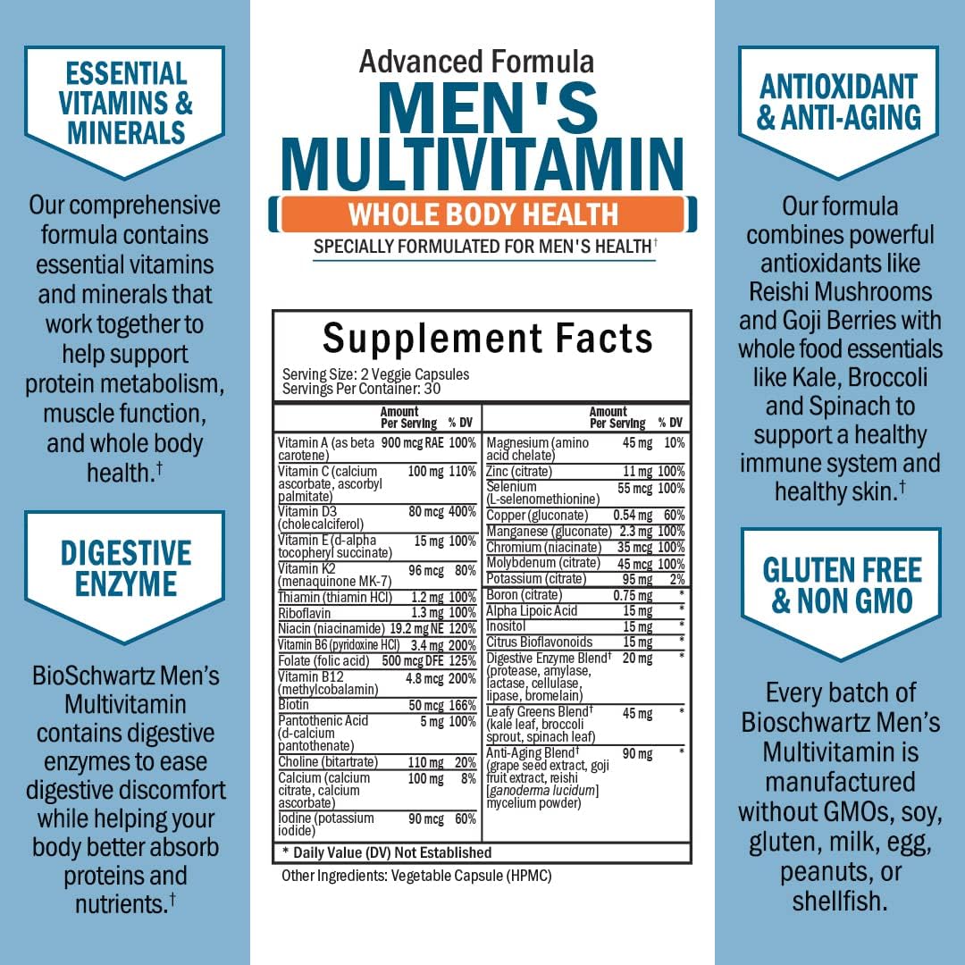 BioSchwartz Men's Multivitamin with Vitamin C, B, D3, E, Zinc & Probiotic - 1 Month Supply