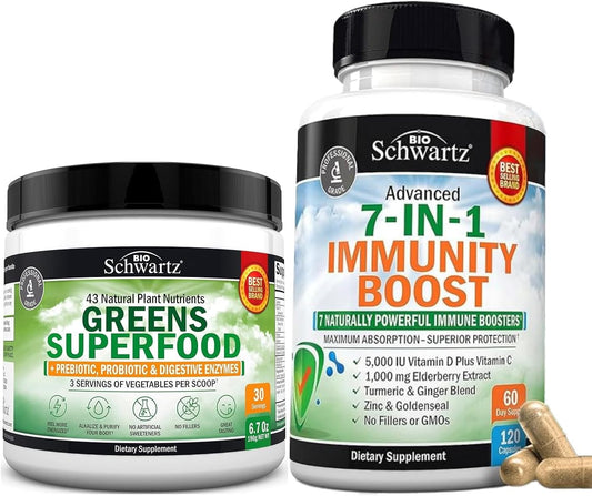 BioSchwartz Super Greens Powder with Probiotics, Prebiotics, Digestive Enzymes, and Antioxidants - 7 in 1 Immune Support Supplement (2 Month Supply, 30 Servings)