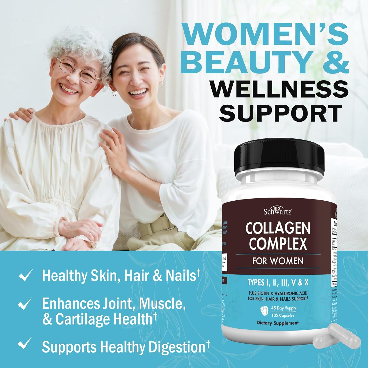 BioSchwartz Super Greens Powder with Probiotics, Prebiotics, Digestive Enzymes, and Hydrolyzed Collagen Peptide Capsules - Complete Wellness Bundle for 30 Servings.