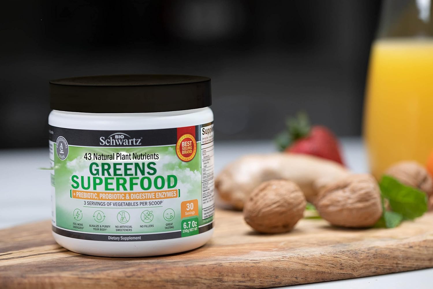 BioSchwartz Super Greens Powder with Probiotics, Prebiotics, Digestive Enzymes, and Hydrolyzed Collagen Peptide Capsules - Complete Wellness Bundle for 30 Servings.