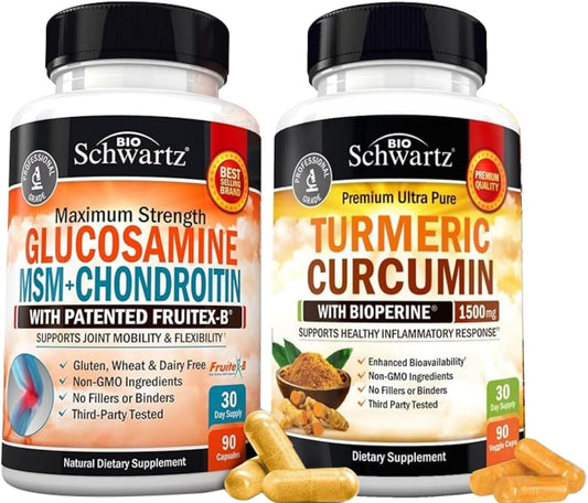 BioSchwartz Turmeric Curcumin with Black Pepper Extract 1500mg Complex + Glucosamine Chondroitin MSM Triple Strength Joint Support - 1 Month Supply