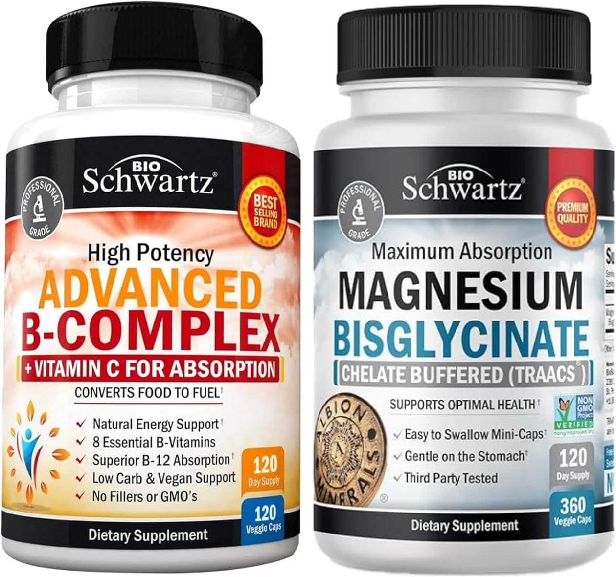 BioSchwartz Vitamin B Complex & Vitamin C with High Absorption Magnesium Bisglycinate - 8 Month Supply