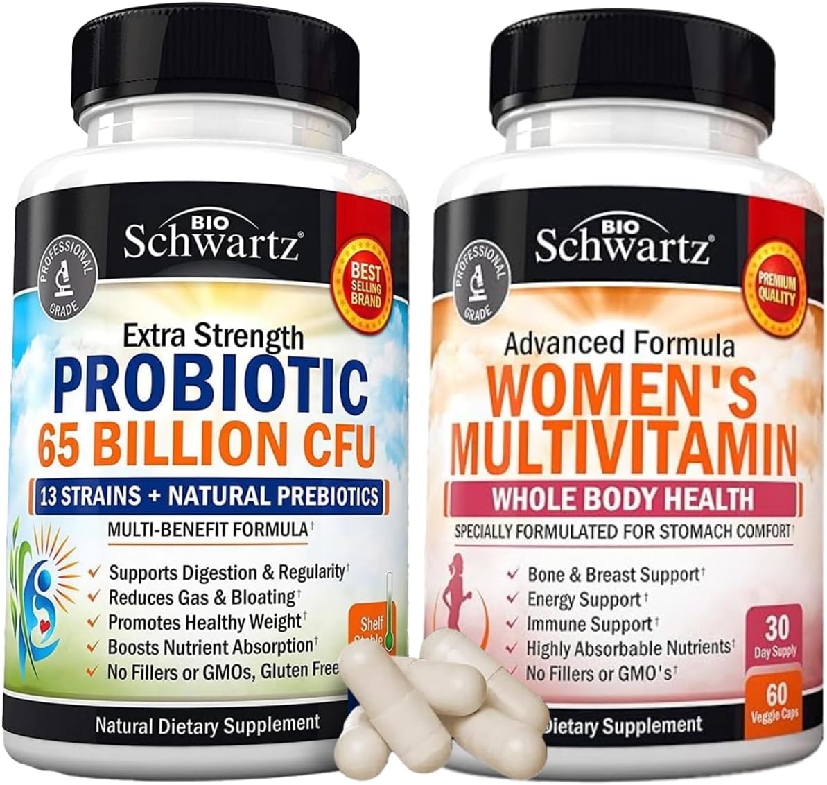 BioSchwartz Women's Daily Multivitamin and Probiotic Bundle - 30 Day Supply, 65 Billion CFU - Capsules for Women's Health