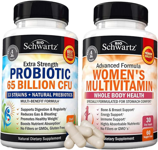 BioSchwartz Women's Daily Multivitamin and Probiotic Bundle - 30 Day Supply, 65 Billion CFU - Capsules for Women's Health