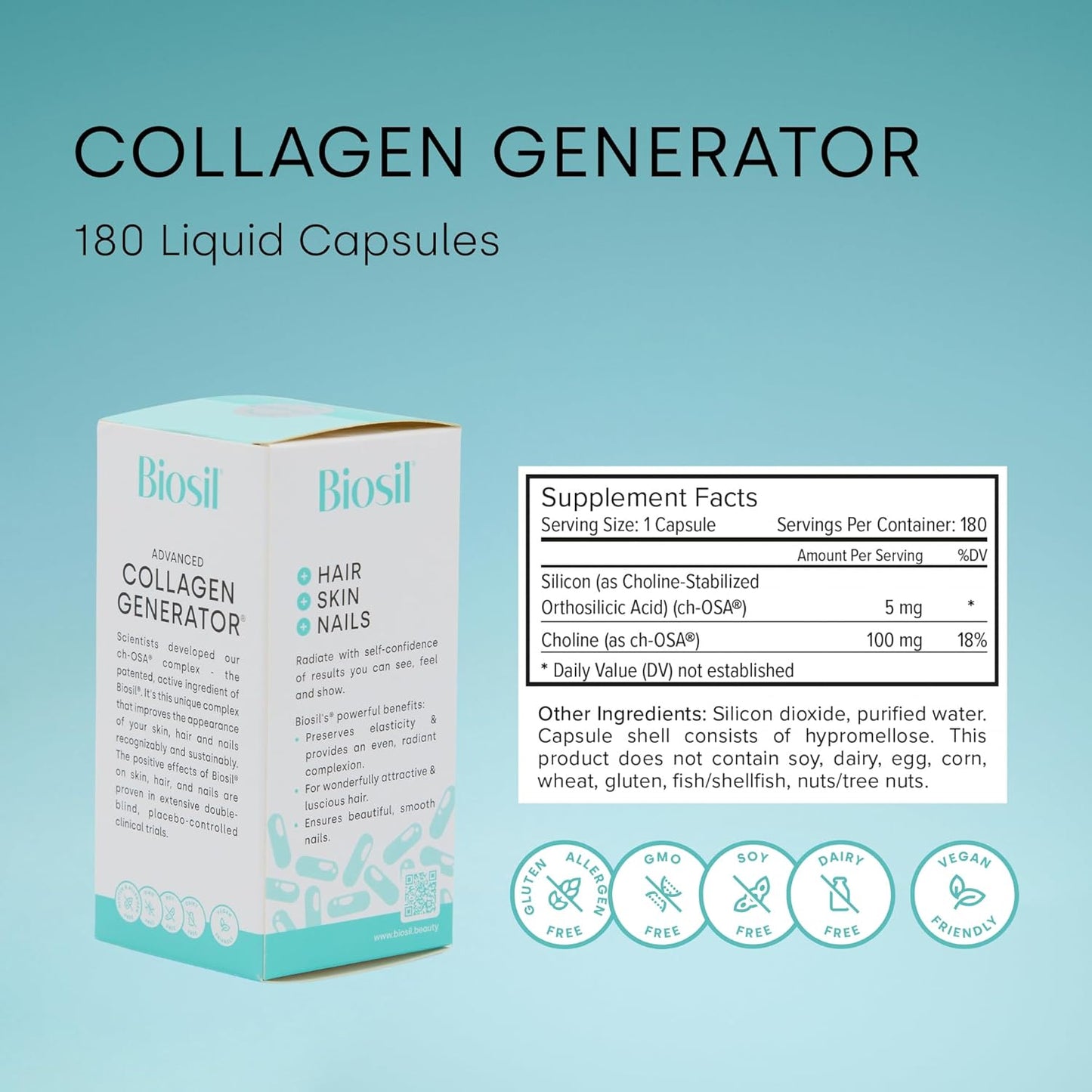 Biosil Collagen Generator Capsules - 180 Liquid Capsules - Patented ch-OSA Complex - Generate & Protect Collagen - Non-GMO - 90-Day Supply