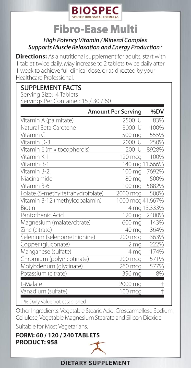 BIOSPEC NUTRITIONALS Fibro-Ease Multi: Vital Vitamins & Minerals for Energy & Health - 120 Capsules
